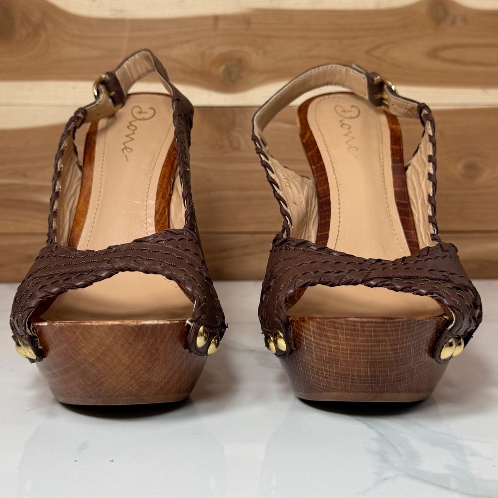Dione Chuncky Wooden Heel Platform Sandals Leather Straps Brown Size 7.5 - Picture 4 of 13